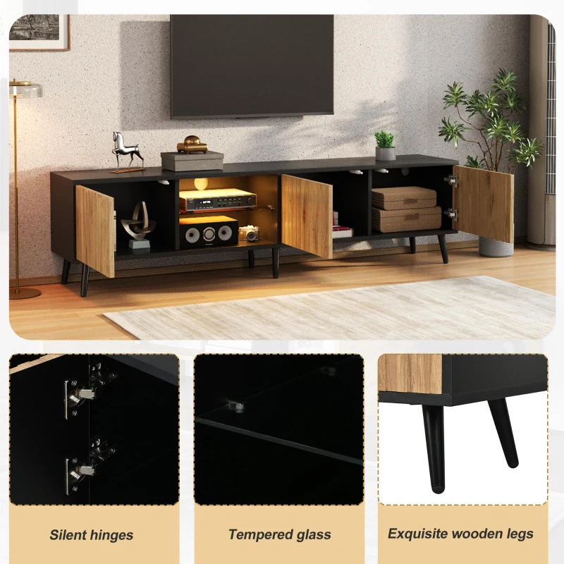 Mid-Century TV Cabinet with Smart App LED Lighting, Modern TV Stand with Built-In Cable Management, 175L x 31W x 43.5H cm, Black+Wood