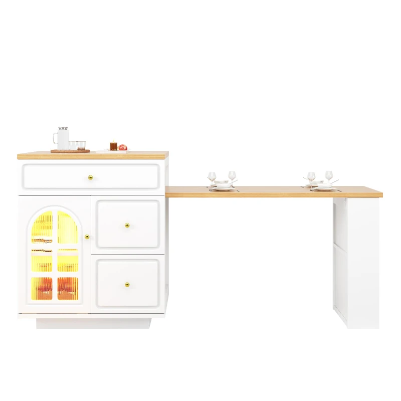 Extendable Kitchen Island with LED Colour Lighting, Space-Saving Dining Bar with 4 Drawers and Open Shelf, 195.5L x 70W x 93.5H cm, White