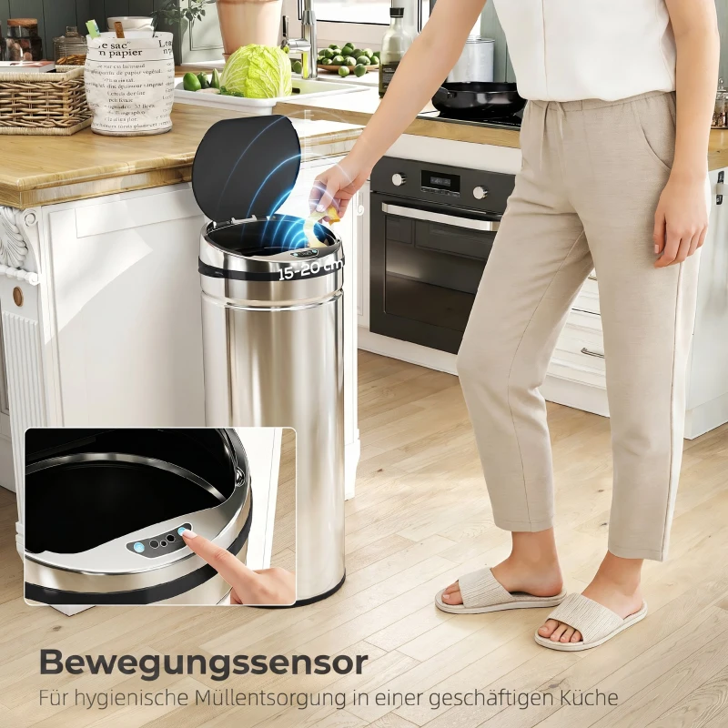 HOMCOM 50 L sensorprullenbak, automatische afvalemmer, roestvrijstalen keukeneimer met infraroodsensor, voor keuken, eetkamer