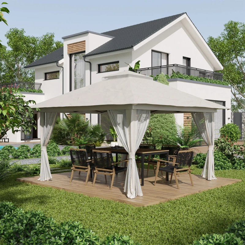 Outsunny Opvouwbare paviljoen, verstelbare hoogte, 4 netwanden, ventilatiedak, draagtas, snelle montage, 4 x 4 x 3 m, crèmekleurig