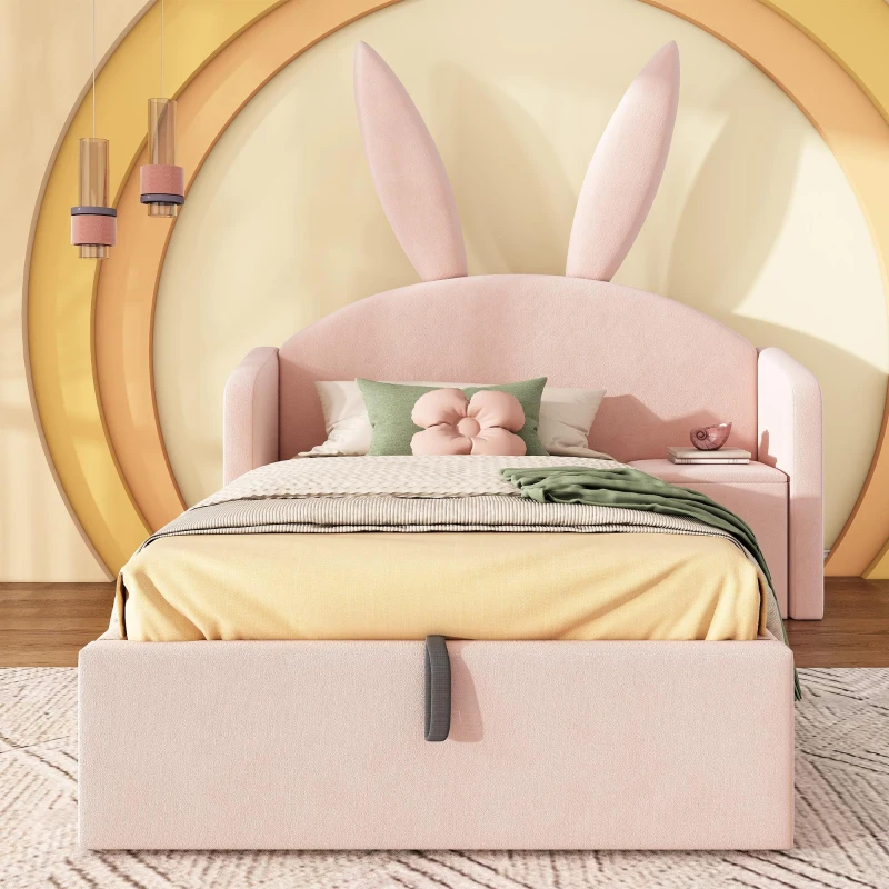 Bunny Ears Children's Upholstered Bed Frame with Hydraulic Storage, Rose Velvet Kids Bed with Thick Padded Headboard, 206L x 149W x 143H cm, Rose