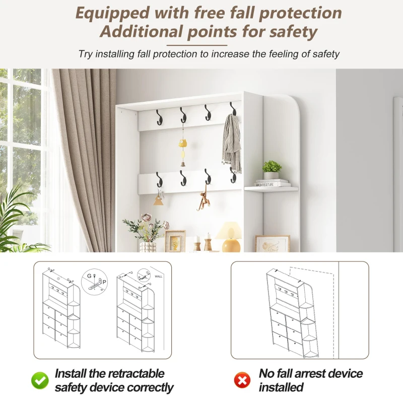 Coat Rack and Shoe Storage Cabinet with Shoe Cubbies, Space-Saving Hallway Storage Unit with Hinged Doors, 120L x 24W x 200H cm, White