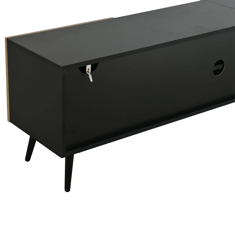 Modern Geometric TV Cabinet with Herringbone Fronts, Industrial-Style TV Stand with Solid Wood Legs, 180L x 33.5W x 45H cm, Black+Oak