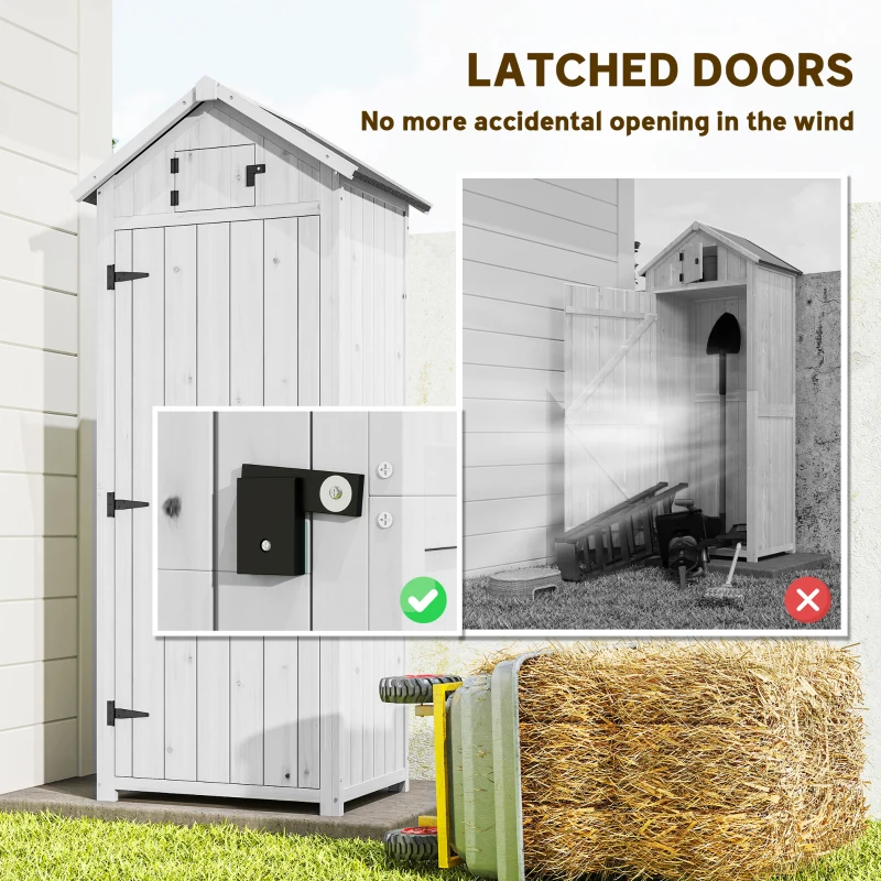 Outsunny Small Shed, Tall Slim Wooden Garden Shed with 3 Removable Shelves and Roof Hatch, Compact Outdoor Tool Storage Cabinet with Asphalt Roof and Door Latch, 77 x 54.2 x 179 cm, Light Grey