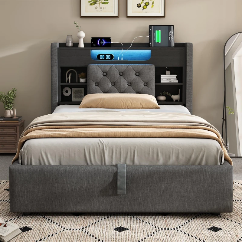 Upholstered Linen Bed Frame with Ambient LED Lighting, 4ft6 Double Bed with Hydraulic Under-Bed Storage, 213L x 143W x 115H cm, Grey