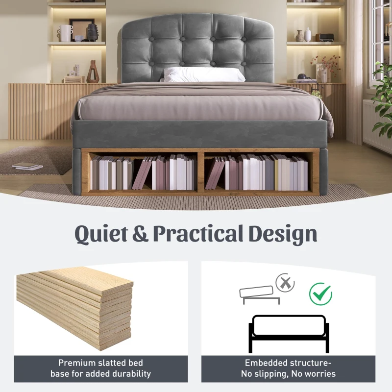 Upholstered Single Bed with Height-Adjustable Button-Tufted Headboard, Plush Grey Bed Frame with Built-In Drawers, 198L x 101W x 120H cm, Grey