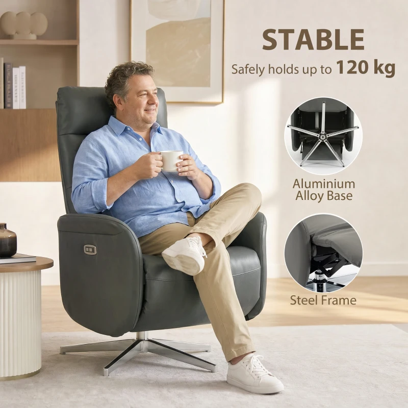 HOMCOM Power Recliner Chair, Swivel Electric Reclining Chair with Type C+USB, Recliner Armchair with Footrest, Dark Grey