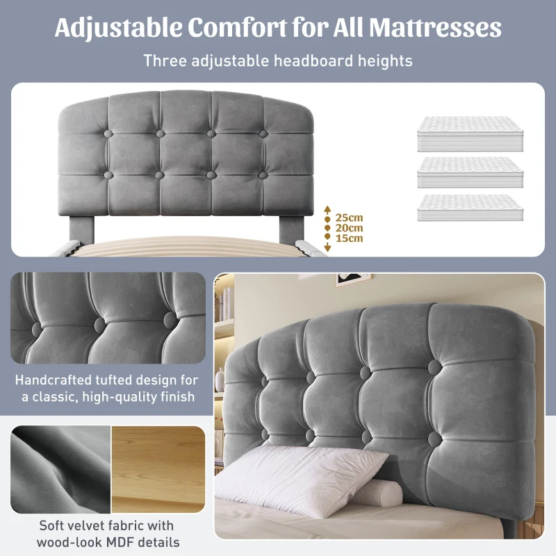 Upholstered Single Bed with Height-Adjustable Button-Tufted Headboard, Plush Grey Bed Frame with Built-In Drawers, 198L x 101W x 120H cm, Grey