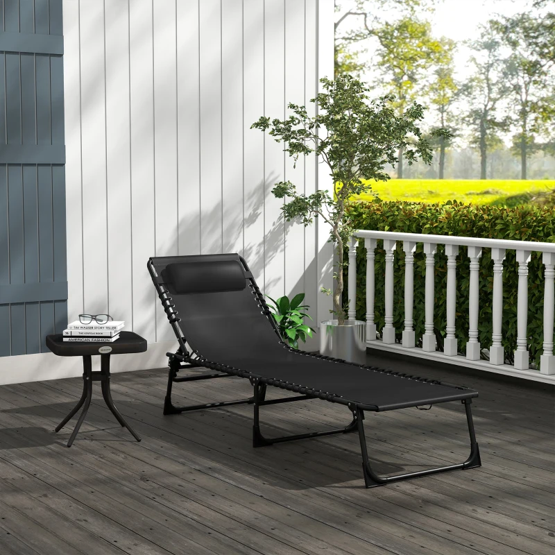 Outsunny Tumbona Plegable Ajustable de 4 Posiciones con Sistema de Cordones para Exterior Marco Acero 189x58x30 cm Negro
