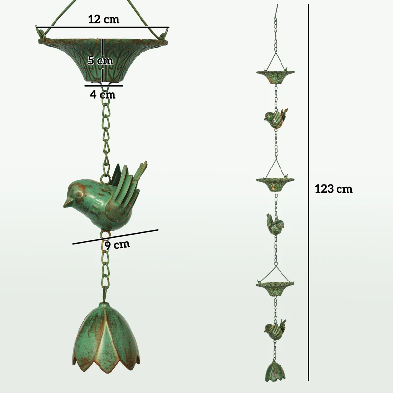 Outsunny 3-delige Metalen Regenketting 123cm met Kolibries, Bloemschalen en Lotusklok, Groen