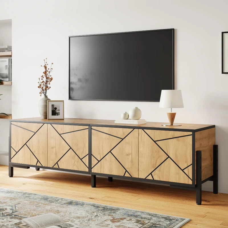 Geometric Wood TV Stand with Bold Geometric Doors, Modern Industrial Unit with Adjustable Shelves, 153L x 40W x 50H cm, Rustic Brown