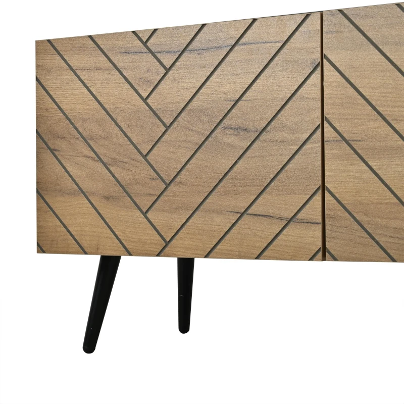 Modern Geometric TV Cabinet with Herringbone Fronts, Industrial-Style TV Stand with Solid Wood Legs, 180L x 33.5W x 45H cm, Black+Oak