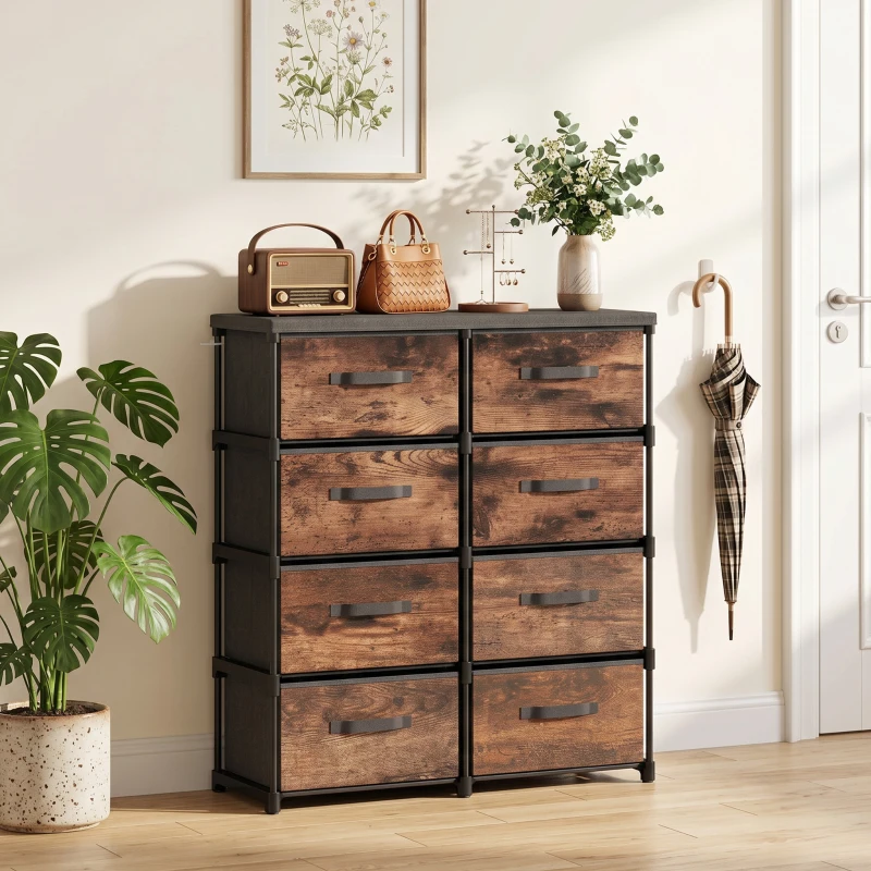 HOMCOM Commode 8 tiroirs, meuble en métal pour chambre, Marron Rustique