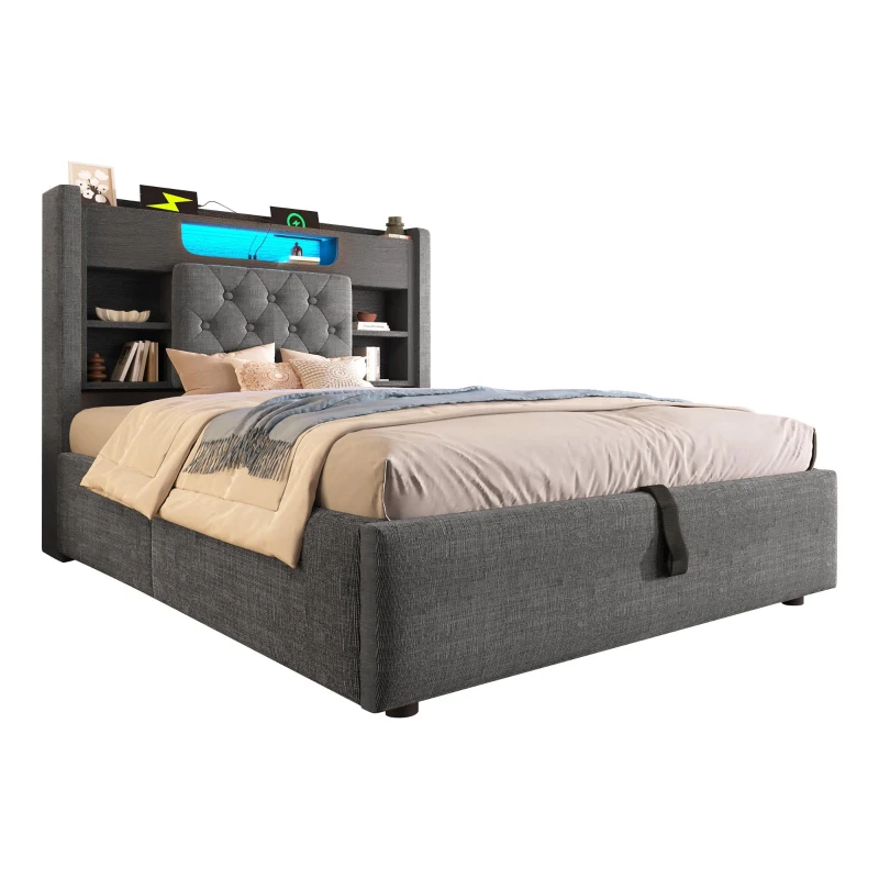 Upholstered Linen Bed Frame with Ambient LED Lighting, 4ft6 Double Bed with Hydraulic Under-Bed Storage, 213L x 143W x 115H cm, Grey