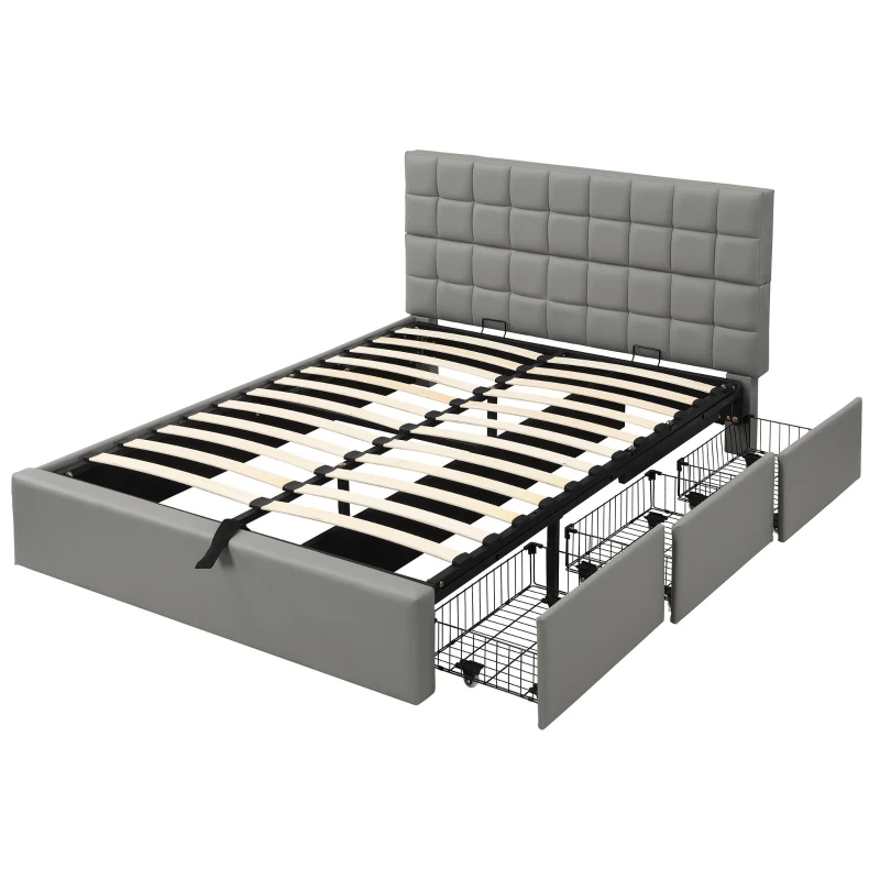 Elegant Upholstered Bed with Hydraulic Lift, Sturdy Storage Bed with 3 Storage Drawers, 202L x 148W x 100H cm, Grey