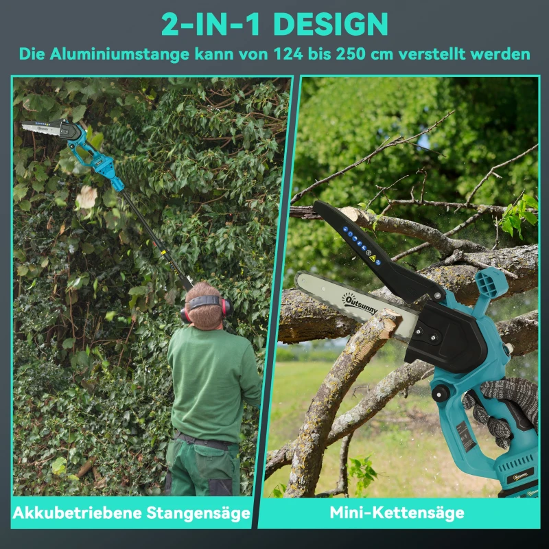 Outsunny 2-in-1 Mini Kettingzaag 580W met Accu van 8000mAh, Veiligheidsvergrendeling, 8 Inch, 42 x 29 x 10,5 cm, Blauw