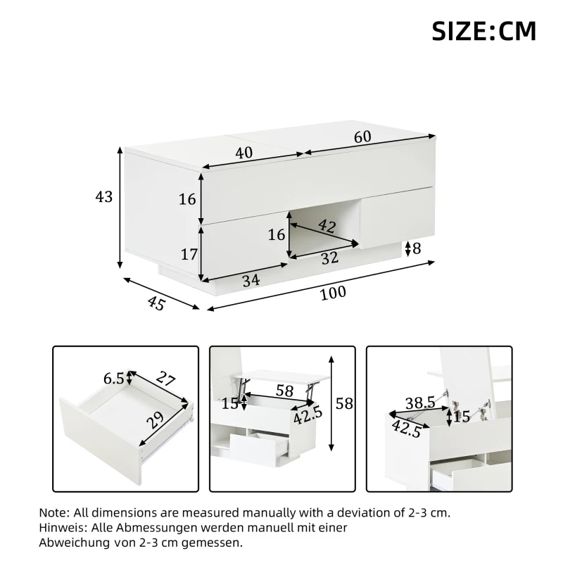 Lift-Top Coffee Table with App-Controlled RGB LED Lights, High-Gloss Center Table with Hidden Compartment, 100L x 45W x 43H cm, White