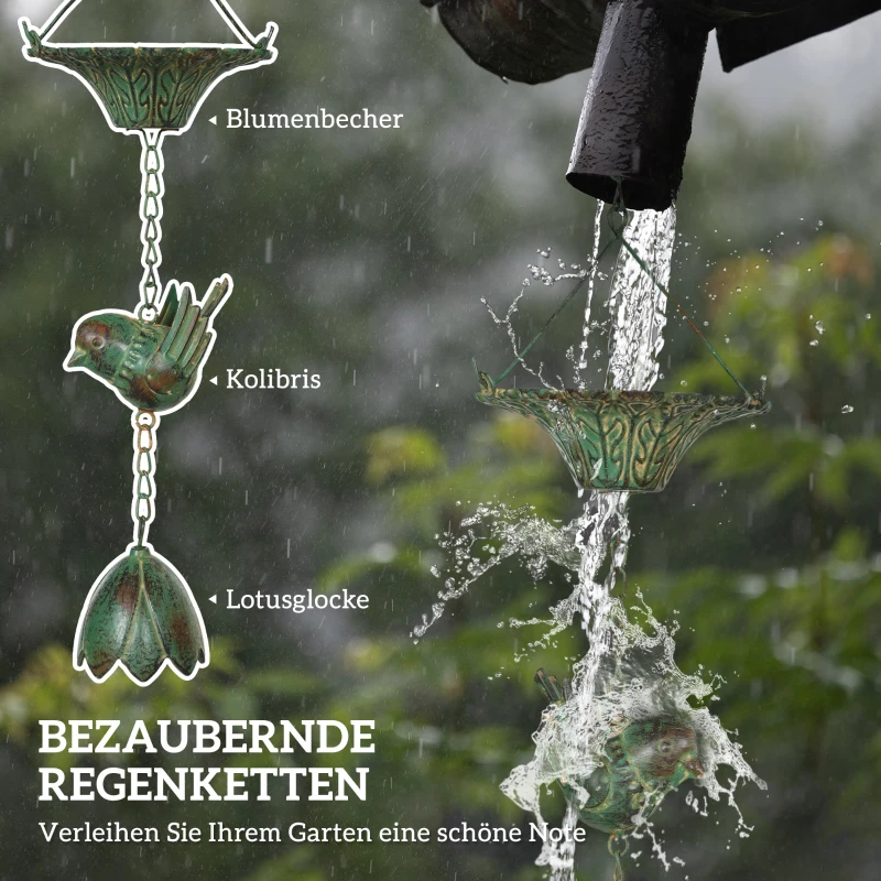 Outsunny 3-delige Metalen Regenketting 123cm met Kolibries, Bloemschalen en Lotusklok, Groen