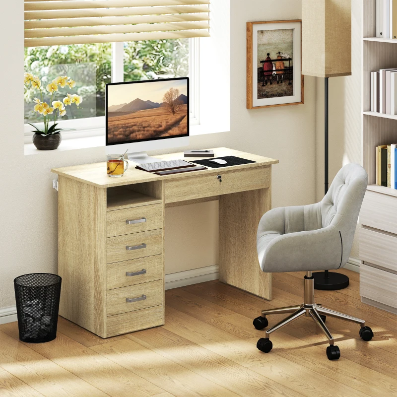HOMCOM Bureau moderne avec 5 tiroirs, grand plateau, 1 compartiment ouvert, tiroir verrouillable, 110 x 50 x 76cm, chêne