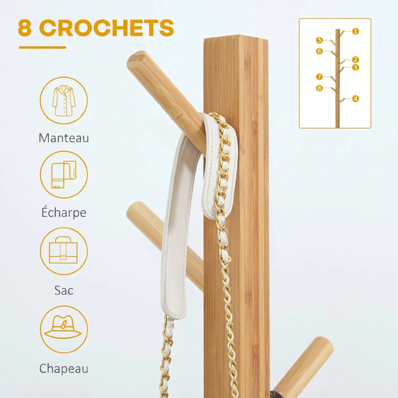 HOMCOM Portemanteau en bambou, portant à vêtements avec 8 patères, pour couloir, chambre, buanderie, bois naturel