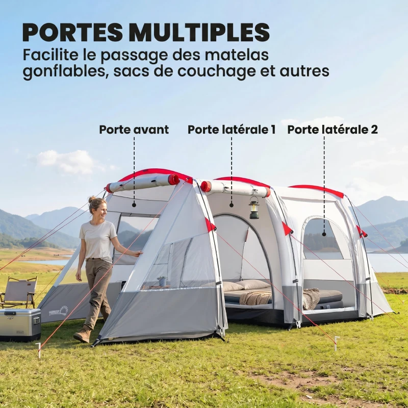 Outsunny Tente de camping familiale 3 personnes, tente tunnel imperméable, portes + fenêtres, 5,1 x 2,4 x 1,8 cm, gris clair