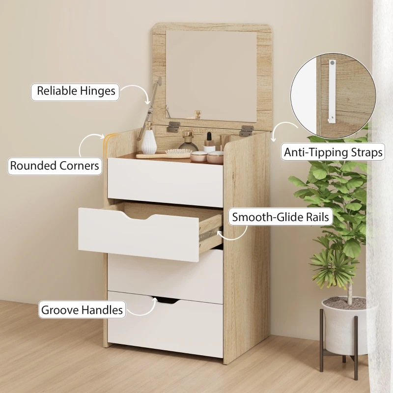 HOMCOM Coiffeuse avec miroir rabattable et tabouret de rangement, table de maquillage, 2 tiroirs, siège rembourré, chêne blanc