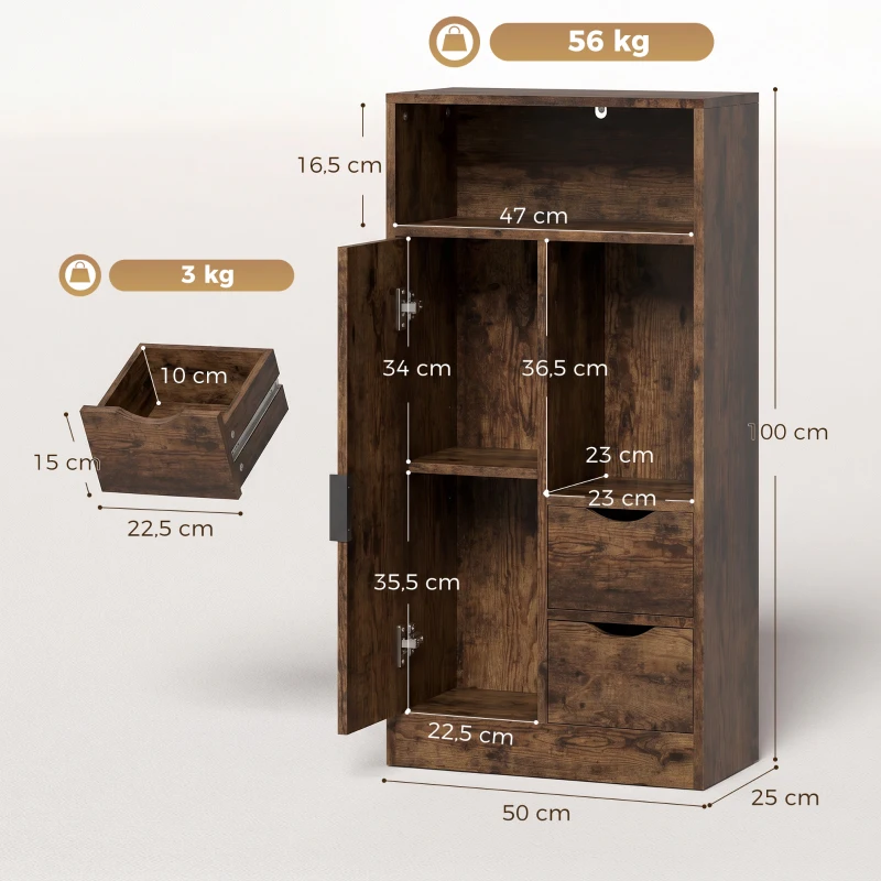 HOMCOM Mueble de Baño Estrecho con Cajones Compartimentos Abiertos Marrón Rústico