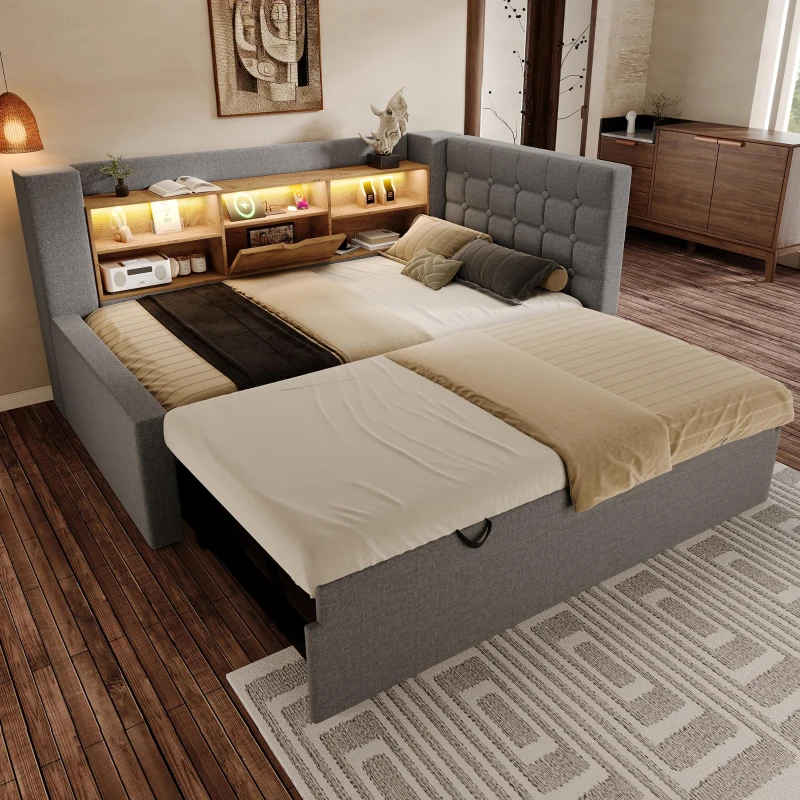 Upholstered Daybed with Pull-Out Trundle and Space-Saving Storage, Versatile Grey Linen Bed Frame with LED Lighting, 204L x 107W x 88H cm, Grey