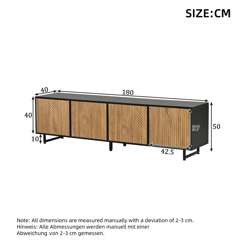 Modern 180cm TV Stand with Diagonal Fluted Doors, Industrial-Style Lowboard for up to 80-Inch TVs, 180L x 40W x 50H cm, Black+Wood