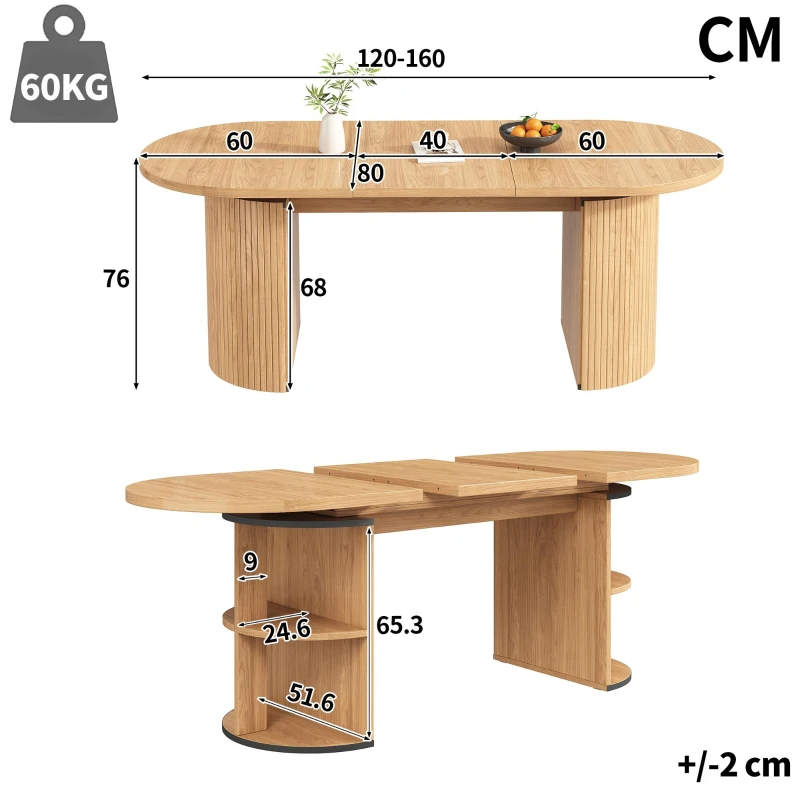 Extendable Dining Table with Vertically Grooved Legs, Space-Saving Dinner Table with Storage Compartment, 160L x 80W x 76H cm, Natural Wood