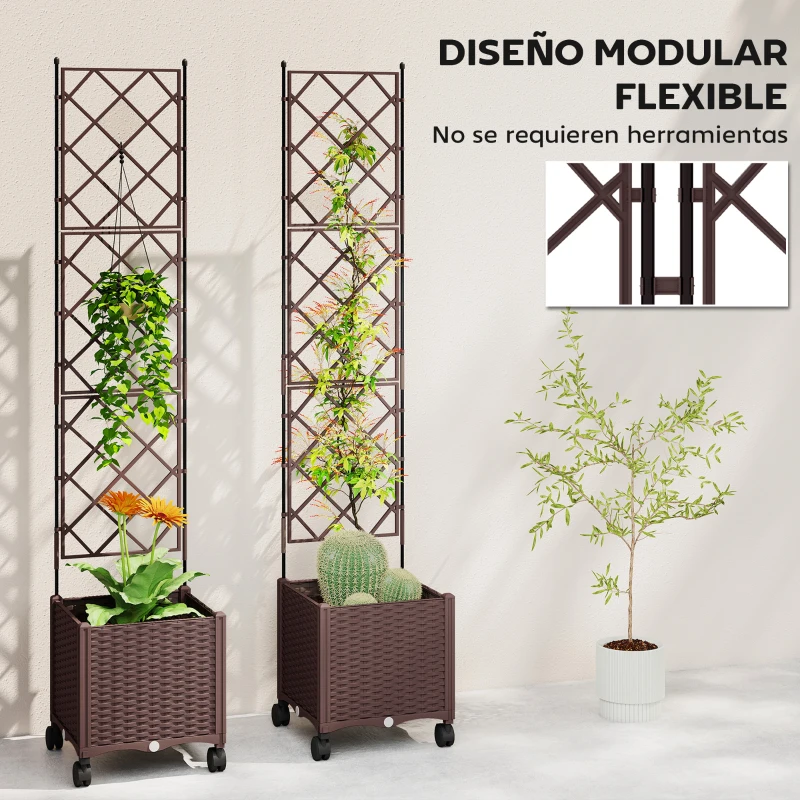 Outsunny Jardinera con Enrejado y Ruedas con Drenaje para Cultivos Verduras Flores Hierbas 120x40x192 cm Marrón