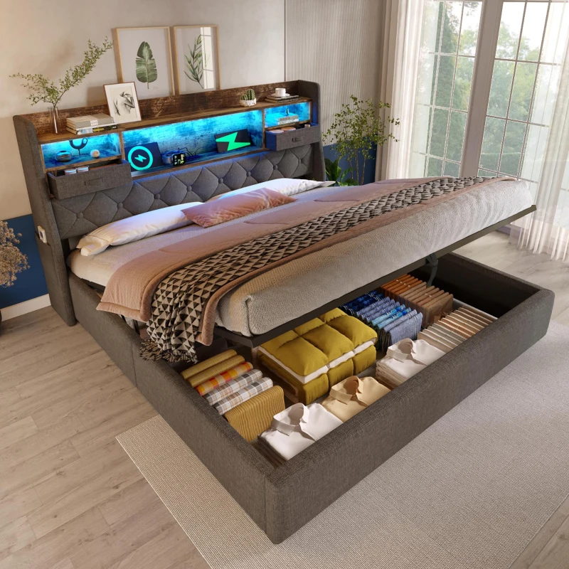 Upholstered Hydraulic Bed with LED Ambient Lighting, Linen Grey Bed Frame with Storage Headboard, 208L x 147W x 116H cm, Grey