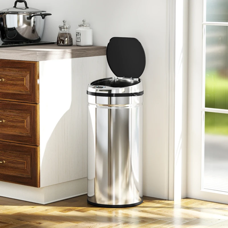 HOMCOM Poubelle à capteur de mouvement ouverture automatique 1 bac de 42 L en acier inoxydable noir et argent