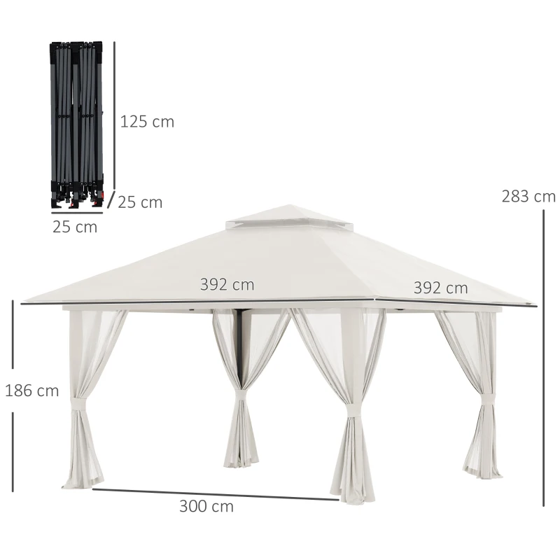 Outsunny Opvouwbare paviljoen, verstelbare hoogte, 4 netwanden, ventilatiedak, draagtas, snelle montage, 4 x 4 x 3 m, crèmekleurig