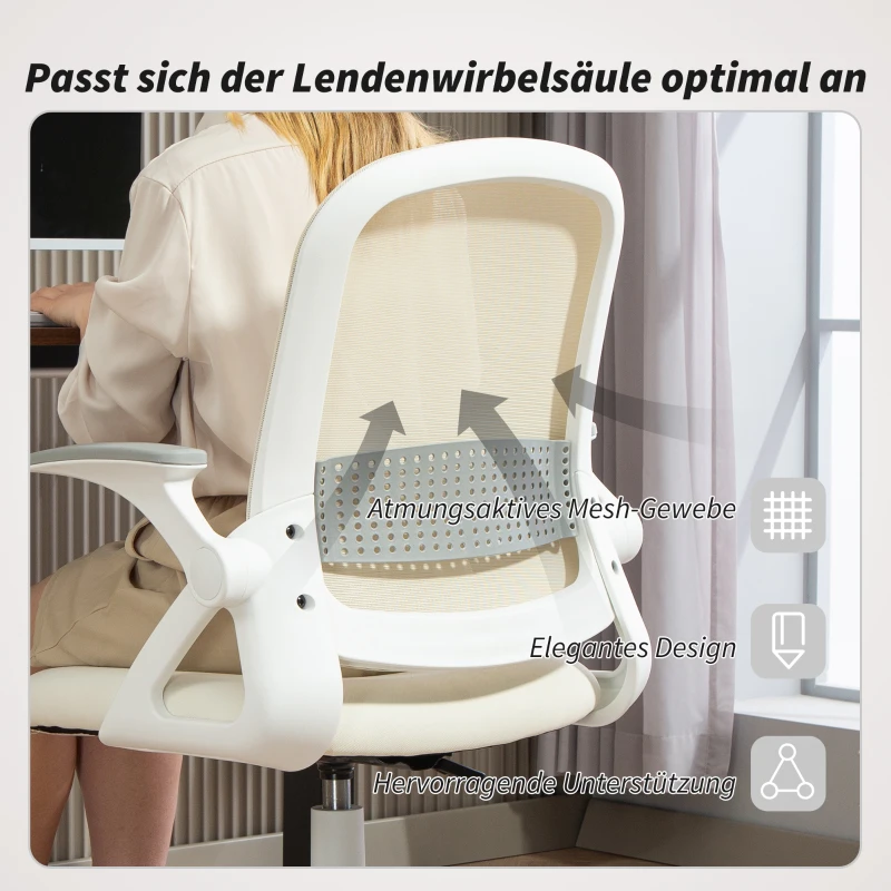 HOMCOM Atmungsaktiver Mesh-Bürostuhl, Ergonomischer Drehstuhl mit klappbaren Armlehnen und Lendenwirbelstütze, Weiß