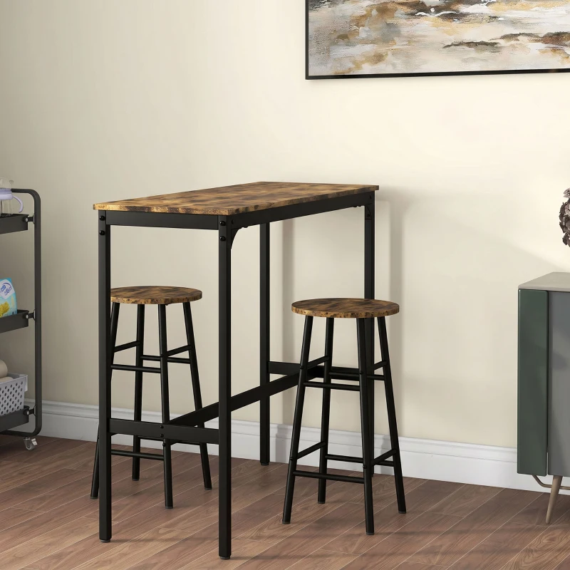 HOMCOM Ensemble table haute de bar + 2 tabourets structure en acier plateau aspect effet bois d'acajou 2 personnes noir