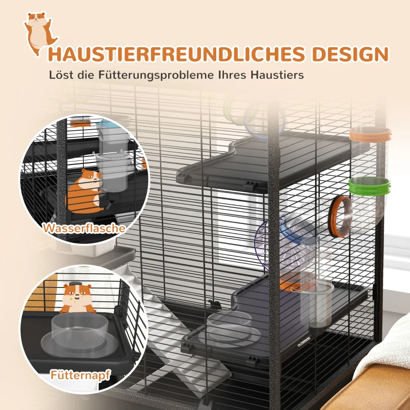 PawHut Hamsterkäfig mit Röhren, Laufrad, Häuschen, Wasserspender, Ablagefläche, Schwarz