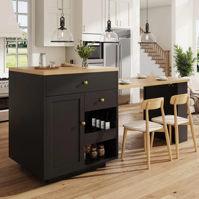 Extendable Kitchen Island with Storage and MDF Top, Space-Saving Dining Bar with Built-In Wine Rack, 195.5L x 70W x 94H cm, Black