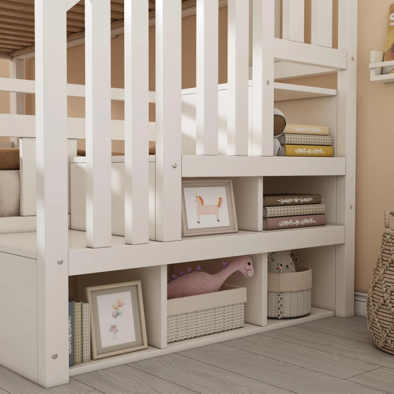 Twin Over Full Bunk Bed with Solid Pine and MDF Construction, Wooden Cabin Bed with Hydraulic Under-Bed Storage, 243L x 144W x 172H cm, White