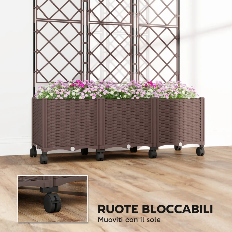 Outsunny Fioriera Rialzata con Traliccio 130L, Ruote Bloccabili e Sistema di Autoirrigazione, Marrone