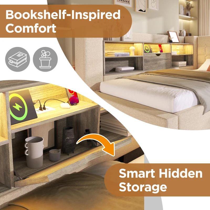 Upholstered Daybed with Hydraulic Under-Bed Storage, Beige Linen Sofa Bed with App-Controlled LED Lighting, 203L x 108W x 86H cm, Beige
