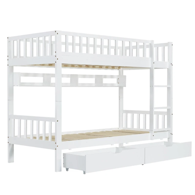 Space‑Saving Children's Bunk Bed with Safe Three-Step Ladder, Versatile Storage Bed with Under-Bed Sliding Drawers, 198L x 98W x 152H cm, White