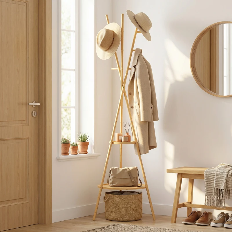 HOMCOM Perchero de Pie de Bambú Perchero para Ropa con 2 Estantes y 9 Ganchos Diseño Elegante 58,5x58,5x176 cm Natural