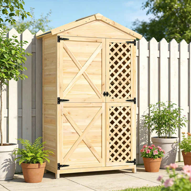 Outsunny Armario de Exterior de Madera con Techo Inclinado Asfalto 2 Puertas con Pestillo 2 Estantes 101,5x49x176 cm Natural
