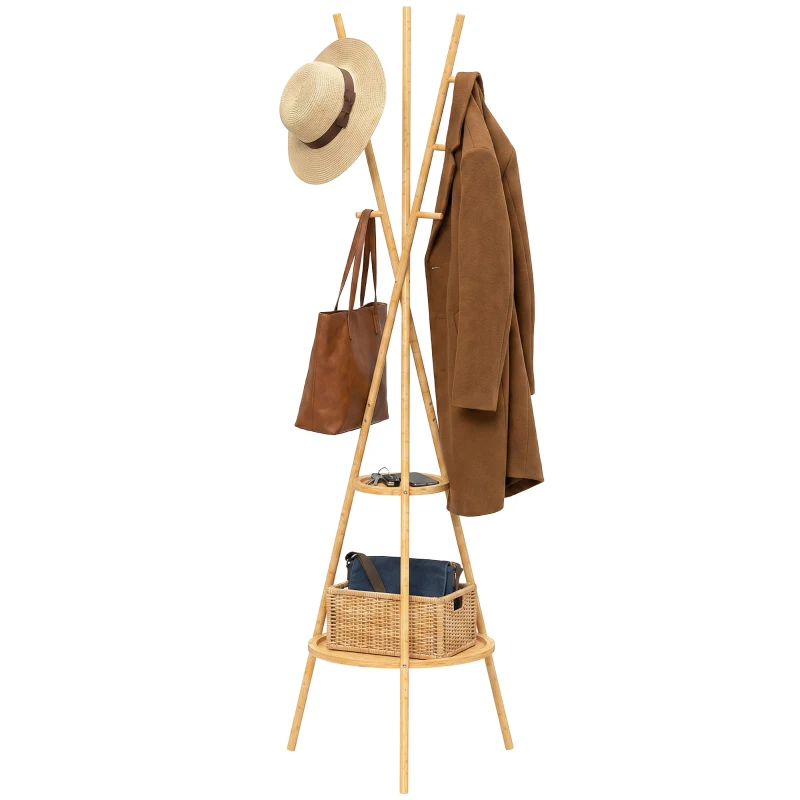 HOMCOM Perchero de Pie de Bambú Perchero para Ropa con 2 Estantes y 9 Ganchos Diseño Elegante 58,5x58,5x176 cm Natural