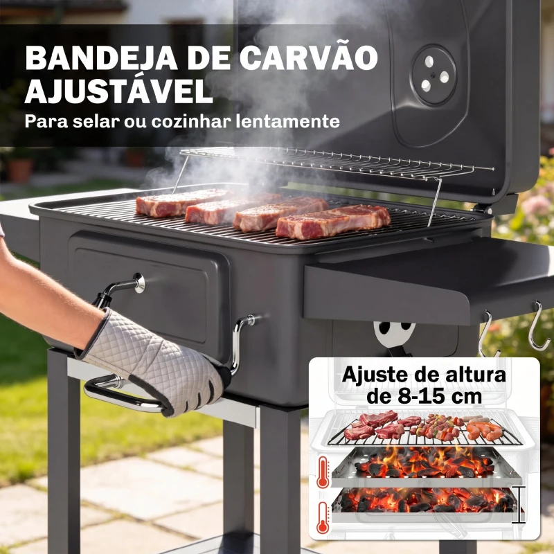 Outsunny Grelhador de Carvão com Bandeja e Ventilação Ajustável Prateleiras Laterais Rodas Termómetro Tampa e Porta 112x63x101,5 cm Preto