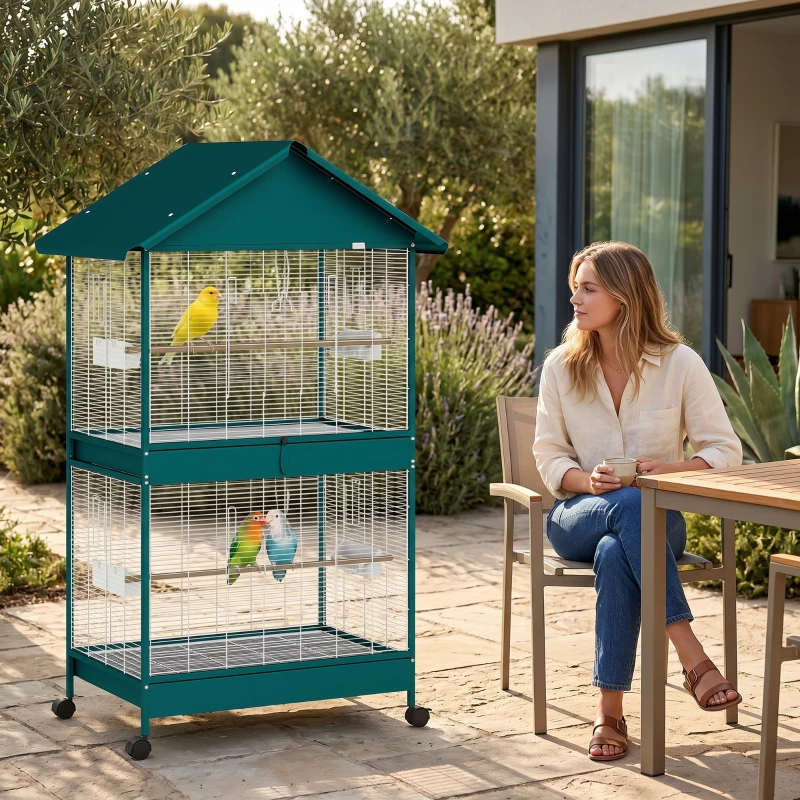 PawHut Cage à oiseaux sur roulettes avec séparateur amovible, 4 mangeoires et 2 perchoirs, 2 plateaux coulissants, 94x70x158cm