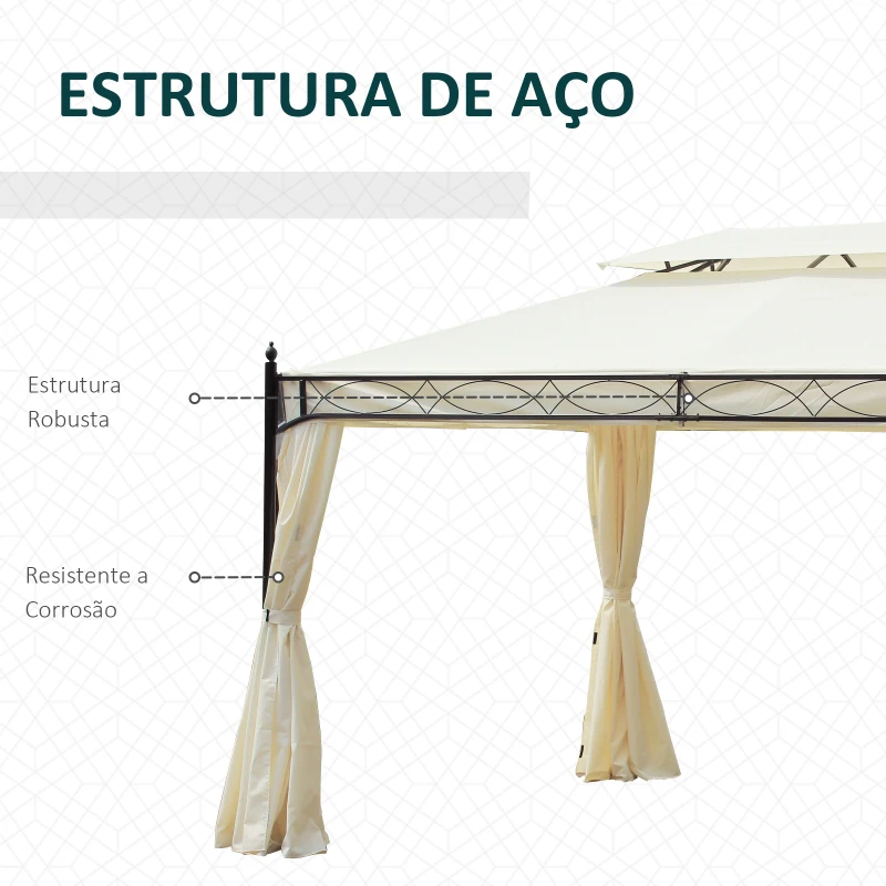Outsunny Pérgola de Jardim 4x3 m com Telhado Duplo 4 Cortinas Estrutura de Aço 8 Orifícios de Drenagem Anti-UV Creme