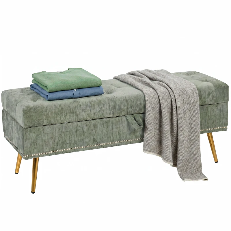 HOMCOM Storage Ottoman, Chenille Upholstered Ottoman Storage Box with Padded Seat, Metal Legs, 114 x 41 x 45 cm, Light Green