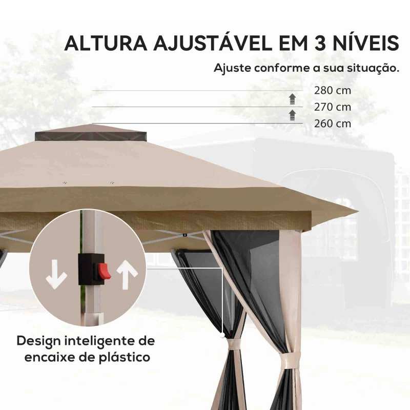 Outsunny Tenda Dobrável 3,6x3,6 m com Laterais de Rede UPF50+ Altura Ajustável Bolsa com Rodas e Sacos de Areia Bege